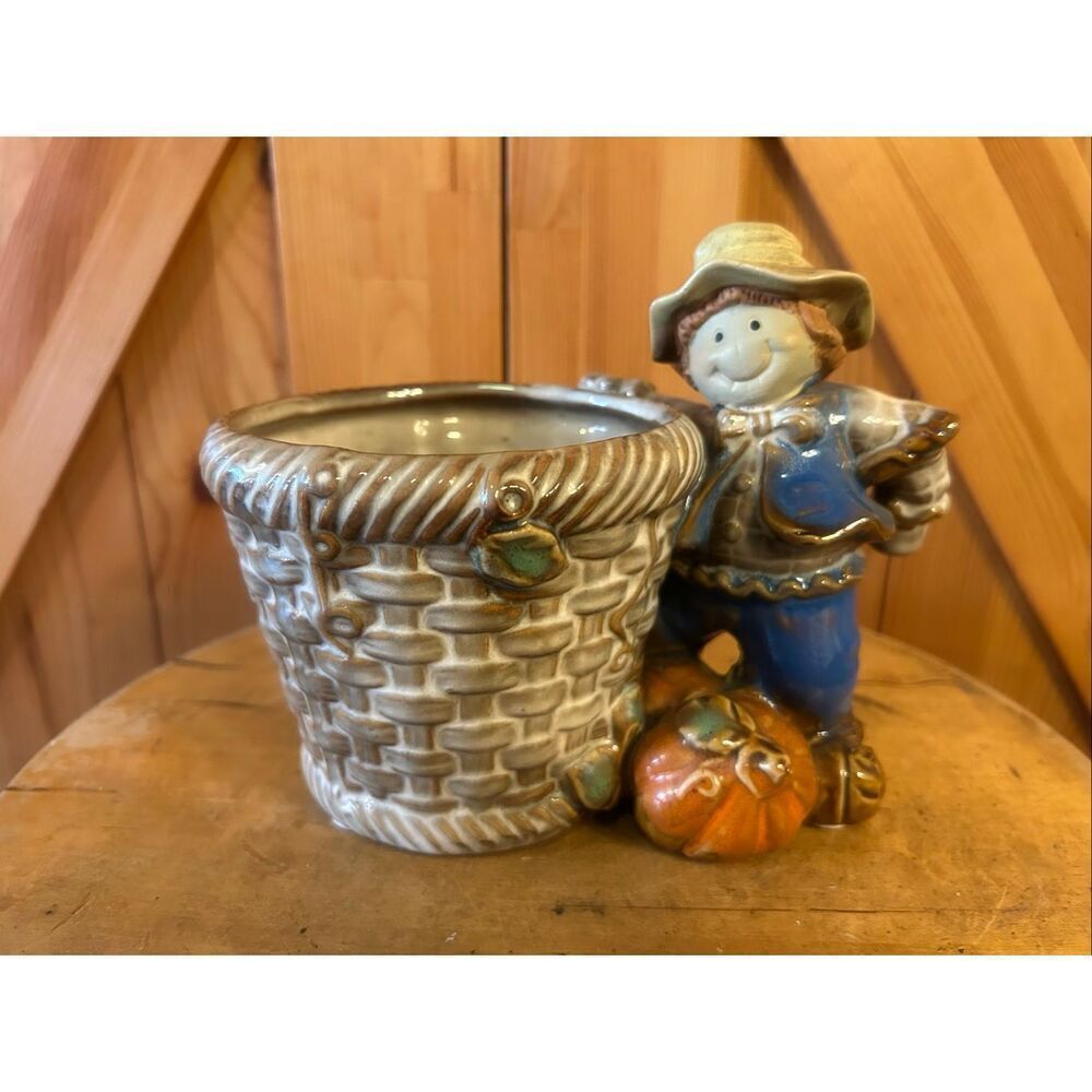 Adorable Fall, Autumn Planter - Scarecrow Standing Beside Large Basket (5614)